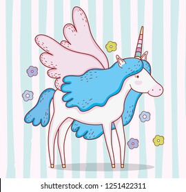 cute unicorn with wings and horn with flowers