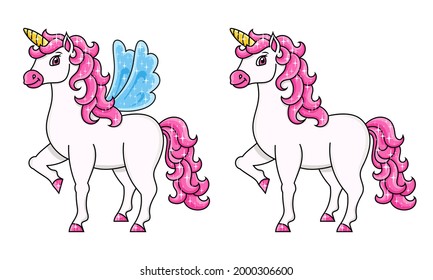 Cute unicorn with wings. Magic fairy horse. Cartoon character. Colorful vector illustration. Isolated on white background. Template for your design, books, stickers, cards, posters, clothes.