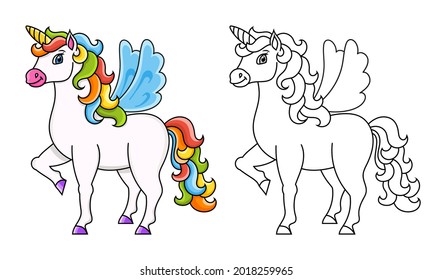 Cute unicorn with wings. Magic fairy horse. Magic fairy horse. Coloring book page for kids. Cartoon style. Vector illustration isolated on white background.