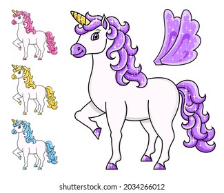 Cute unicorn with wings. Magic fairy horse. Cartoon character. Colorful vector illustration. Isolated on white background. Design element.