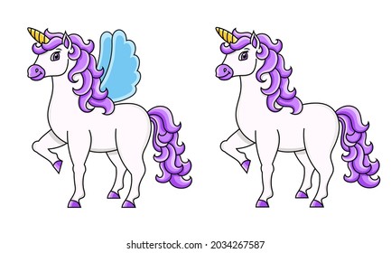 Cute unicorn with wings. Magic fairy horse. Cartoon character. Colorful vector illustration. Isolated on white background. Template for your design, books, stickers, cards, posters, clothes.