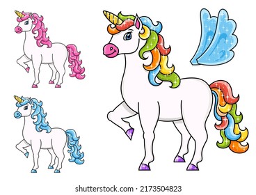 Cute unicorn with wings. Magic fairy horse. Cartoon character. Colorful vector illustration. Isolated on white background. Design element.