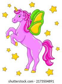 Cute unicorn with wings. Magic fairy horse. Cartoon character. Colorful vector illustration. Isolated on white background. Design element. Template for your design, books, stickers, cards.
