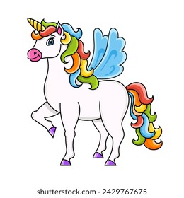 Cute unicorn with wings. Magic fairy horse. Colorful vector illustration. Isolated on white background. Design element. Template for your design, books, stickers, cards, posters, clothes.
