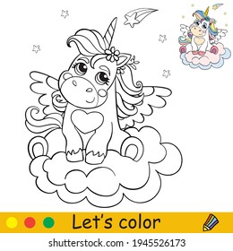 Unicornio lindo con alas en una nube. Colorear la página del libro con una plantilla colorida. Dibujo vectorial aislado. Para colorear libros, impresos, juegos, educación, fiesta, ducha de bebé, diseño, decoración y ropa