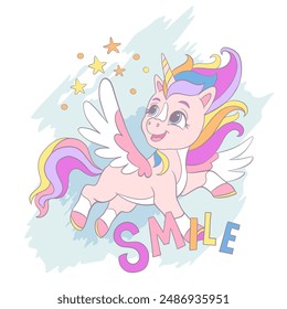 Cute unicorn with wings. Smile lettering. Vector illustration in trendy pastel colors. Cartoon character. Birthday concept. Postcards and stickers design. For print, t shirt and clothes design