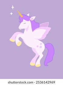 Un lindo unicornio con alas se para en su Ilustración vectorial de patas traseras, obras de arte para niños, gráficos de moda, diseños de Fondos de pantalla y tarjetas de felicitación.