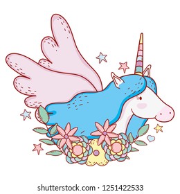 cute unicorn with wings and stars with flowers