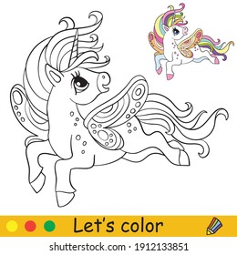 Cute unicorn with wings.Coloring book page with colorful template. Vector cartoon illustration isolated on white background. For children coloring book,preschool education, print,design,decor and game