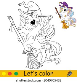 Cute unicorn witch with a broom. Halloween concept. Coloring book page for children. Vector cartoon isolated illustration. For coloring book, education, print, game, decor, puzzle,design