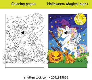 Cute unicorn witch with a broom. Halloween concept. Coloring book page for children with colorful template. Vector cartoon illustration. For education, print, game, decor, puzzle,design