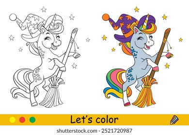 Cute unicorn witch with a broomstick. Halloween concept. Kids coloring with color sample. Vector illustration isolated on white background. For coloring book, education, print, game, puzzle, design