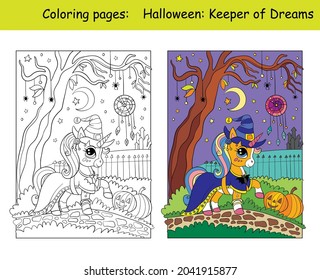 Cute unicorn witch and dreamcatcher. Halloween concept. Coloring book page for children with colorful template. Vector cartoon illustration. For education, print, game, decor, puzzle,design