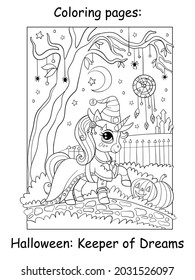 Cute unicorn witch and dreamcatcher in night forest. Halloween concept. Coloring book page for children. Vector cartoon illustration. For coloring book, education, print, game, decor, puzzle,design