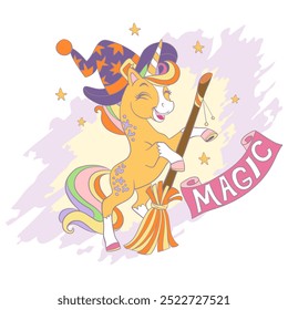 Cute unicorn witch holding broom. Cartoon vector illustration in trendy soft colors. Halloween card. Lettering Magic. For print, card, invitation, sublimation, t shirt, clothes design, party