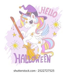 Cute unicorn witch holding broom. Cartoon vector illustration in trendy soft colors. Halloween card. Lettering Hello Halloween. For print, card, invitation, sublimation, t shirt, clothes design, party