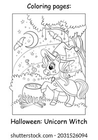 Cute unicorn witch and magic cauldron in night forest. Halloween concept. Coloring book page for children. Vector cartoon illustration. For coloring book, education, print, game, decor, puzzle,design