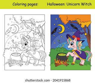 Cute unicorn witch and magic cauldron. Halloween concept. Coloring book page for children with colorful template. Vector cartoon illustration. For education, print, game, decor, puzzle,design