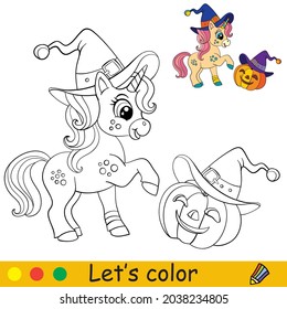 Cute unicorn witch and pumpkin in witches hats. Halloween concept. Coloring book page for children. Vector cartoon illustration. For coloring book, education, print, game, decor, puzzle,design