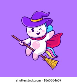 Cute Unicorn Witch Riding Magic Broom Cartoon Vector Icon Illustration. Animal Holiday Icon Concept Isolated Premium Vector. Flat Cartoon Style