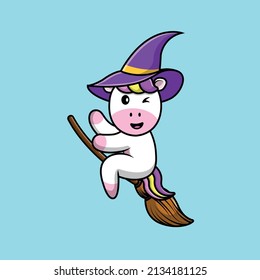 Cute Unicorn Witch Riding Magic Broom Cartoon Vector Icon Illustration. Animal Holiday Icon Concept Isolated Premium Vector. Flat Cartoon Style