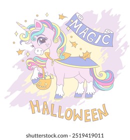 Cute unicorn witch square card. Magic Halloween lettering. Vector illustration in pastel colors. Cartoon character. Postcards and stickers design. For print, sublimation, t shirt and clothes design