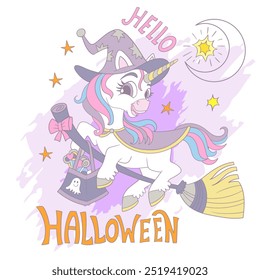 Cute unicorn witch square card. Hello Halloween lettering. Vector illustration in pastel colors. Cartoon character. Postcards and stickers design. For print, sublimation, t shirt and clothes design