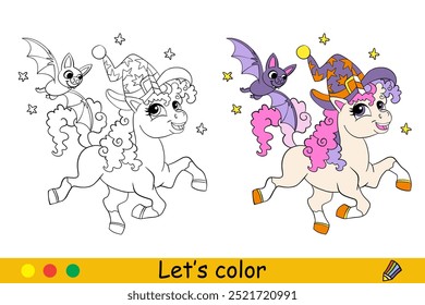 Cute unicorn in a witches hat and bat. Halloween concept. Kids coloring with color sample. Vector illustration isolated on white background. For coloring book, education, print, game, puzzle, design