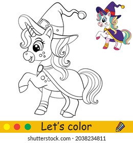 Cute unicorn in witches hat and cape. Halloween concept. Coloring book page for children. Vector cartoon illustration. For coloring book, education, print, game, decor, puzzle,design