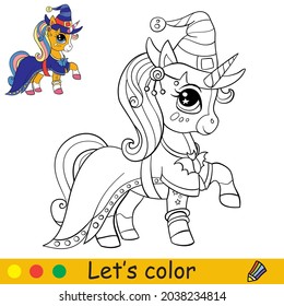 Cute unicorn in witches hat and cape stands in profile. Halloween concept. Coloring book page for children. Vector cartoon illustration. For coloring book, education, print, game, decor, puzzle,design