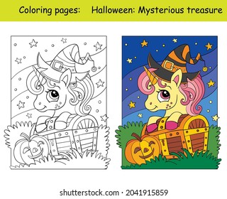 Cute unicorn in a witches hat with a chest. Halloween concept. Coloring book page for children with colorful template. Vector cartoon illustration. For education, print, game, decor, puzzle,design