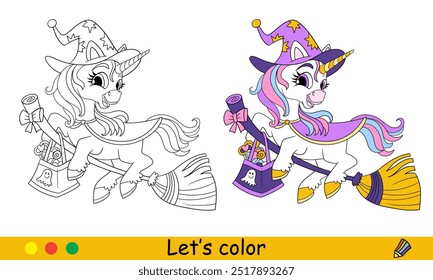 Cute unicorn in a witches hat on a broomstick. Halloween concept. Coloring book page for children with colorful template. Vector cartoon illustration. For education, print, game, puzzle, design
