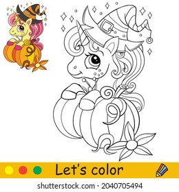 Cute unicorn in a witches hat with a pumpkin. Halloween concept. Coloring book page for children. Vector cartoon isolated illustration. For coloring book, education, print, game, decor, puzzle,design