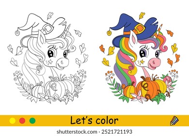 Unicórnio bonito em um chapéu de bruxas e abóboras. Conceito de Halloween. Crianças colorindo com amostra de cor. Ilustração vetorial isolada sobre fundo branco. Para colorir livro, educação, impressão, jogo, quebra-cabeça, des