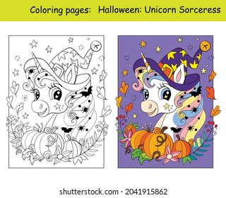 Cute unicorn in a witches hat surrounded by pumpkins and flowers. Halloween concept. Coloring for children with colorful template. Vector cartoon illustration. For education, print, game,puzzle,design