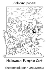 Cute unicorn in a witchs hat is driving Halloween pumpkin in a cart. Halloween concept. Coloring book page for children. Vector cartoon illustration. For coloring book, education, print, game,design