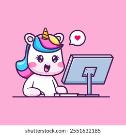 Cute Unicorn Working On Computer Cartoon Vector Icon 
Illustration. Animal Technology Icon Concept Isolated 
Premium Vector. Flat Cartoon Style 