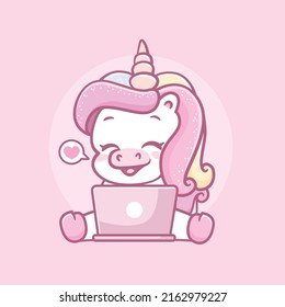 Cute unicorn working on laptop cartoon icon illustration