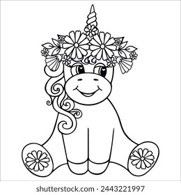 Cute Unicorn in a wreath flower,  Freehand sketch . Linear flat vector illustration.  Black white contour simple sketch of decorative Unicorn.  Coloring page with Animal character