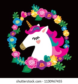 A cute unicorn in a wreath of flowers. Portrait of a unicorn in a floral frame.