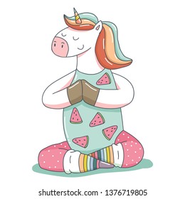 Cute unicorn in yoga poses vector cartoon animal character isolated on a white background.