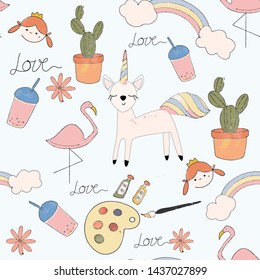 Cute unicorn,girl,flamingo cartoon seamless pattern background,illustration vector by freehand doodle comic art, nursery style, for textile prints or celebrated card or banner background