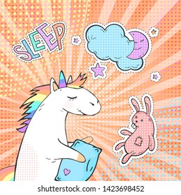 Cute unicorn,moon, toy rabbit and sticker with text SLEEP. Vector pop art background.