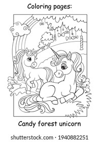 Cute unicorns in the autumn forest. Coloring book page for children. Vector cartoon illustration isolated on white background. For coloring book, education, print, game, decor, puzzle, design