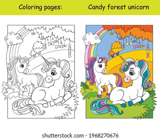 Cute unicorns in the autumn forest. Coloring book page for children with colorful template. Vector cartoon isolated illustration. For coloring book, education, print, game, decor, puzzle, design