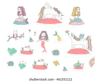 cute unicorns, beautiful mermaids, funny cats with horns, magic fairy little people and owl sitting on the branch. mythical creatures on the pond. 