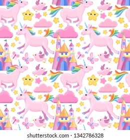 Cute unicorns, birds, stars, rainbow and castles seamless vector background. Cartoon baby pattern in pastel pink