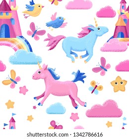 Cute unicorns, birds, stars; rainbow and castles seamless vector background. Blue and pink baby pattern.