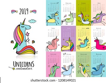 Cute unicorns. Calendar 2019