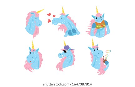 Cute Unicorns Cartoon Characters Collection, Funny Mythical Animals in Different Situations Vector Illustration